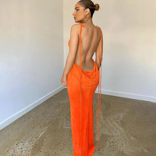 Open Back Slim Cami Strap Long Dresses - Shamz Glamour